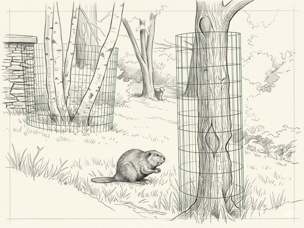 A sketch of fencing protecting some trees from a beaver