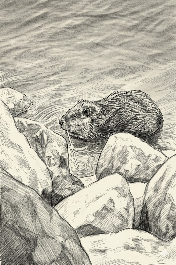 A sketch of a beaver in the water chewing on a stick